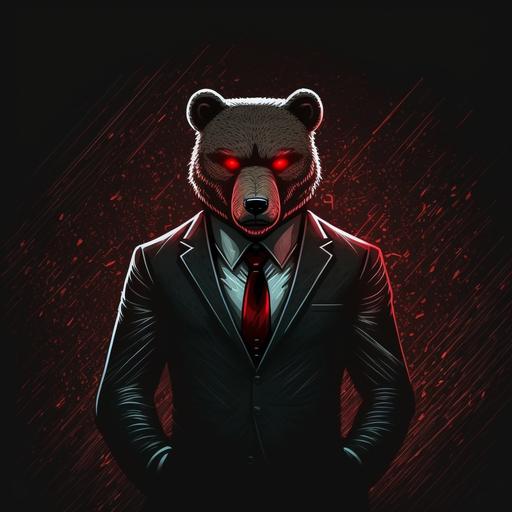 cartoon bear face with laser red eyes, human body wearing a suit, black background, money
