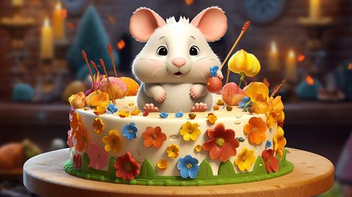 cartoon birthday cake with Dzungarian hamster --ar 16:9