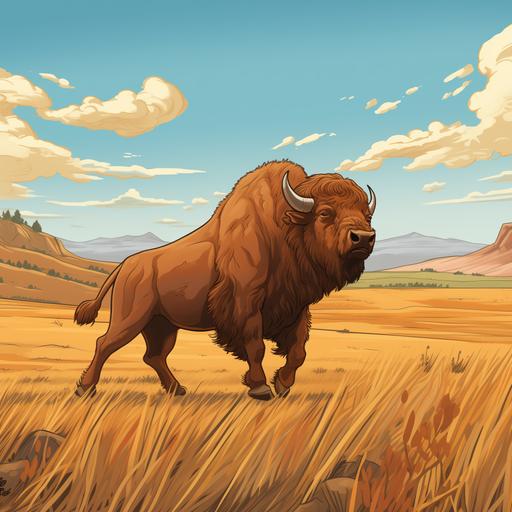 cartoon bison dancing in a field in the American west
