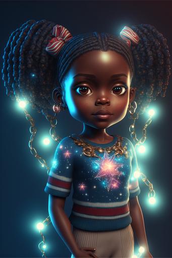 cartoon black girls character with braids happily standing in front of lots Christmas magic, colorful lights, blue glow. Full body, dark background,unreal Engine, Cinematic, Color Grading, Ultra-Wide Angle, Depth of Field, hyper-detailed, beautifully color-coded, beautifully color graded, Unreal Engine, Cinematic, Csuper detailed, dynamic pose, 8k --ar 2:3 --v 4