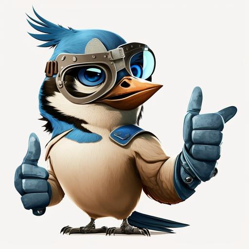 cartoon blue jay bird with brown aviator goggles giving thumbs up with wing and grinning