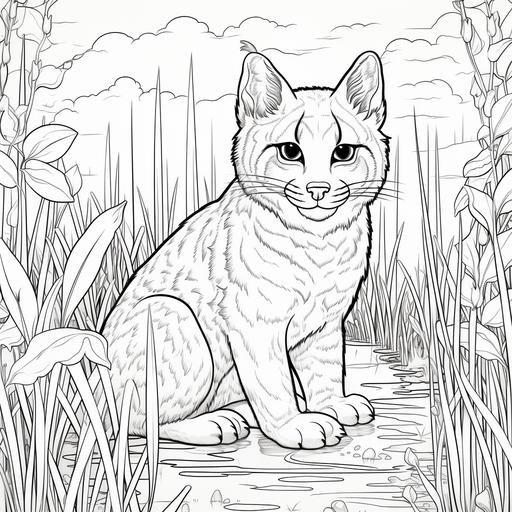 cartoon bobcat in the everglades, no color, thick lines, no shading, low detail, kids coloring book page style