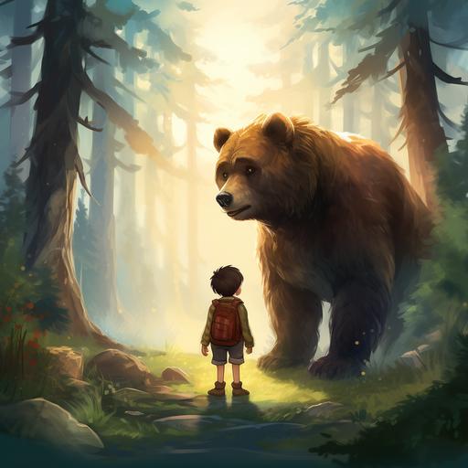 cartoon boy and grizzly bear in forest