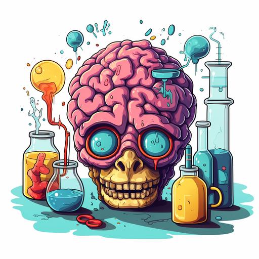 cartoon brain with eyes on it, scientific beakers and tools, labratory
