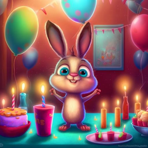 cartoon bunny, birthday, balloons, candles, festive bright atmosphere, --v 4 --v 4