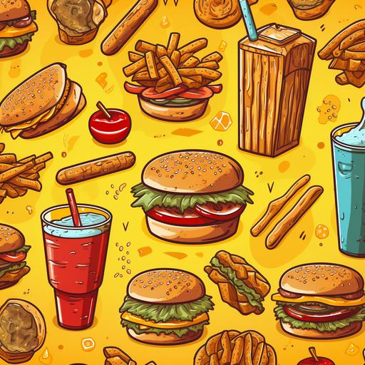 cartoon burger, fries, hotdogs pattern retro style