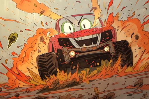 cartoon car in flames driving into the mud, carcore happycore --niji 5 --ar 3:2 --s 750