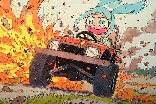 cartoon car in flames driving into the mud, carcore happycore --niji 5 --ar 3:2 --s 750
