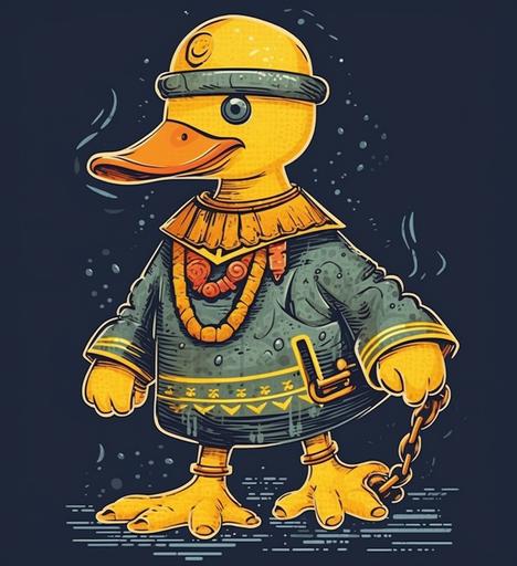 cartoon cartoon yellow trendy rubber duck wearing a chain straps on mr or mrs, in the style of dayak art, baroque-punk, артур скижали-вейс, dieselpunk, bill traylor, animated illustrations, ottoman art --ar 11:12 --v 5.1 --q 2 --style raw --s 250 --v 5.1 --q 2 --style raw --s 250
