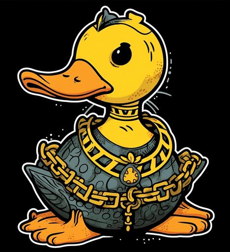 cartoon cartoon yellow trendy rubber duck wearing a chain straps on mr or mrs, in the style of dayak art, baroque-punk, артур скижали-вейс, dieselpunk, bill traylor, animated illustrations, ottoman art --ar 11:12 --v 5.1 --q 2 --style raw --s 250 --v 5.1 --q 2 --style raw --s 250