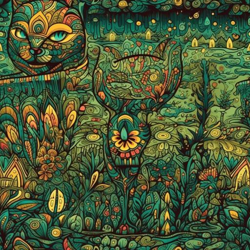 cartoon cat Mexican tile art in a tropical rain forest with cat psychedelic Mexican tle art --s 1000 --tile --v 5 --v 5