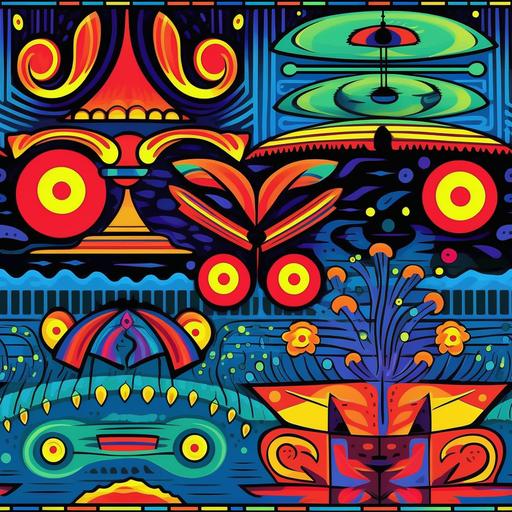 cartoon cat Mexican tile art in a tropical rain forest with cat psychedelic Mexican tle art --tile --v 5.1