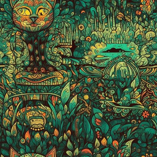 cartoon cat Mexican tile art in a tropical rain forest with cat psychedelic Mexican tle art --s 1000 --tile --v 5 --v 5