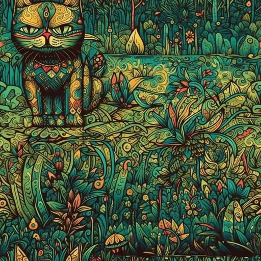 cartoon cat Mexican tile art in a tropical rain forest with cat psychedelic Mexican tle art --s 1000 --tile --v 5 --v 5