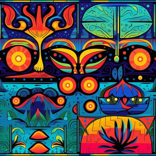 cartoon cat Mexican tile art in a tropical rain forest with cat psychedelic Mexican tle art --tile --v 5.1