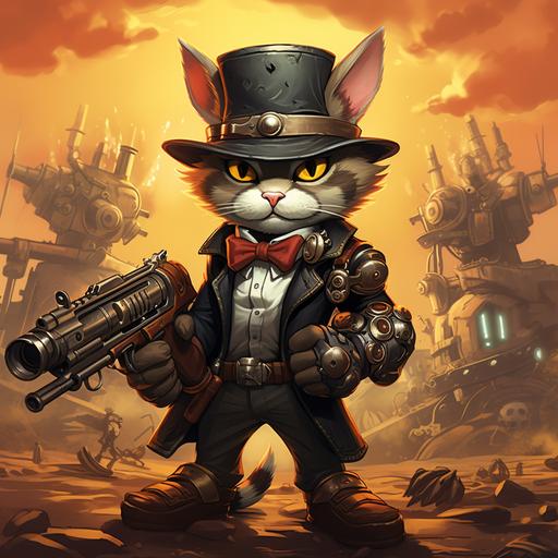 cartoon cat in top hat holding 2 machine guns like Salvador in Borderlands 2