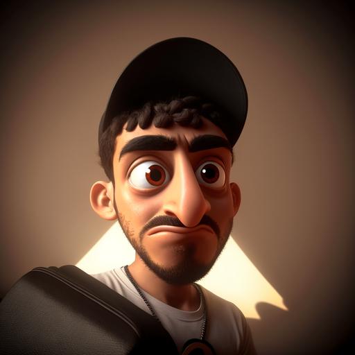 cartoon character 3D Pixar funny profile pic lensa style down looking at camera with eyes dramatic light - - v4-- 2 :3 --v 4