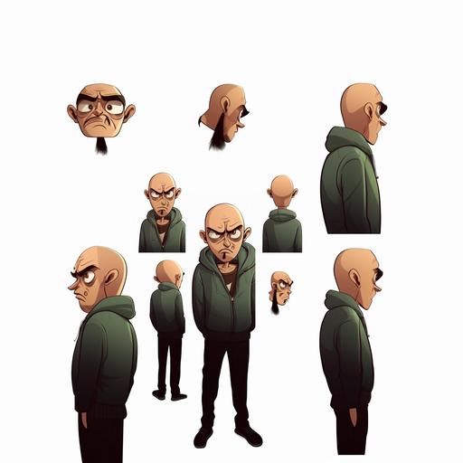 cartoon character, male, street hooligan, bald, young, ugly, scared face, big eyes --v 5.0