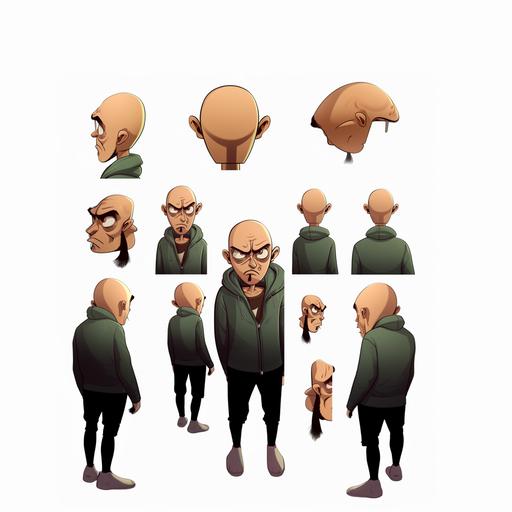 cartoon character, male, street hooligan, bald, young, ugly, scared face, big eyes --v 5.0