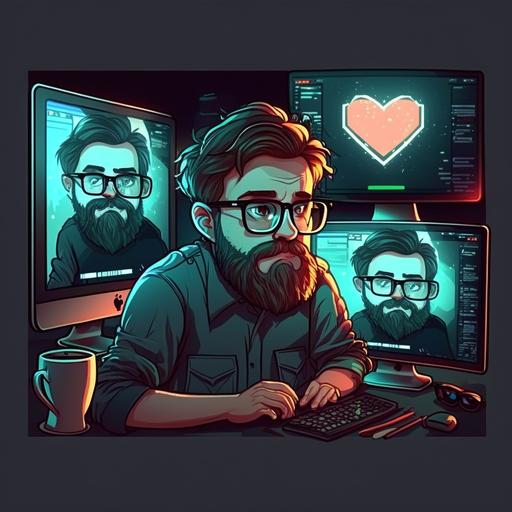 cartoon character man with brown hair beard and glasses sits in dark room at night programming next to two monitors and hearts coming from monitors