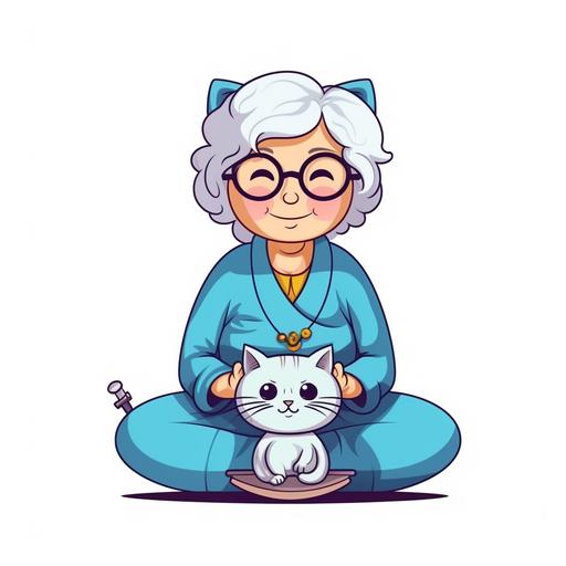 cartoon charactor old lady meditating with cat simple design