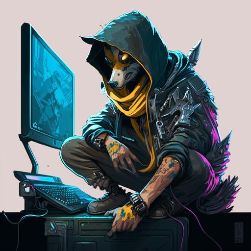 cartoon charakter, wrench watchdogs, sitting in front of a computer, cyberpunk style