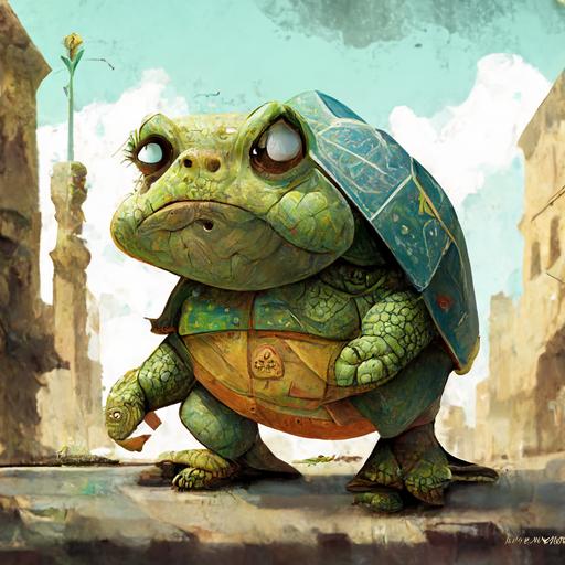 cartoon childrens book character, slow awkward turtle named Guss, protecting the world from evil