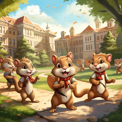 cartoon chipmunks playing hackey sack on a beautiful campus