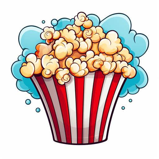 cartoon clipart, movie popcorn bucket filled with white popcorn, playful cute, vibrant colors, white background clipart