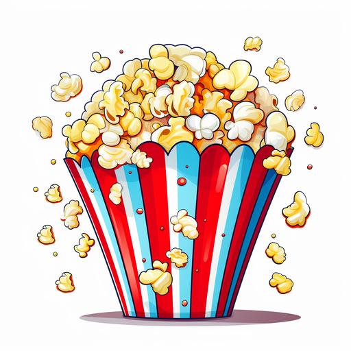 cartoon clipart, movie popcorn colorful stripe bucket filled with white popcorn spilling, playful cute, vibrant colors, white background clipart