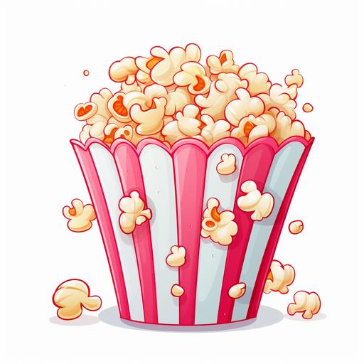 cartoon clipart, movie popcorn pastel colors pink stripe bucket filled with white popcorn spilling, playful cute, vibrant colors, white background clipart