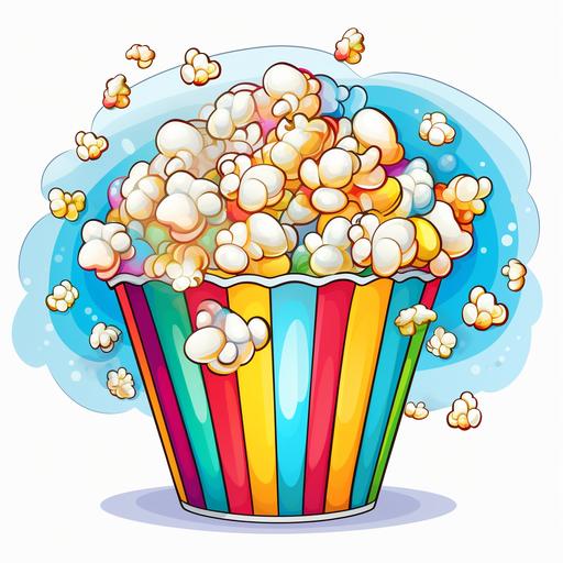 cartoon clipart, movie popcorn rainbow colored bucket filled with white popcorn, playful cute, vibrant colors, white background clipart