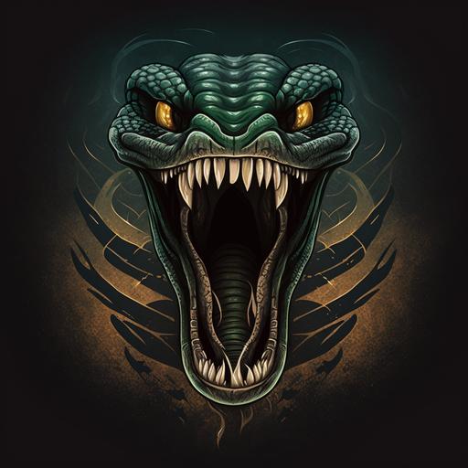 cartoon cobra open mouth showing fangs in a dark misty background logo