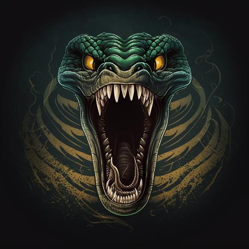 cartoon cobra open mouth showing fangs in a dark misty background logo