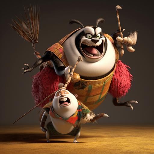 cartoon cockroach warrior lifting a cartoon panda, animation, dramatic lighting, Pixar style