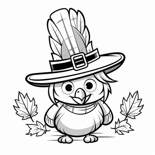 cartoon coloring book, cute cartoon pilgrim hat with feathers by itself coloring page, no shading, no grey, thin lines