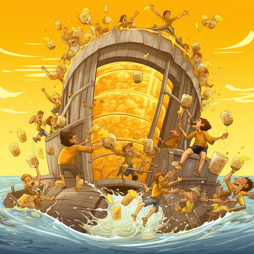 cartoon, comic, funny,beer waterfall, creating a river of beer sailing with 3 large glasses of beer floating, yellow colors in the water with a white foam border, women and men going down the waterfall in the beer barrel