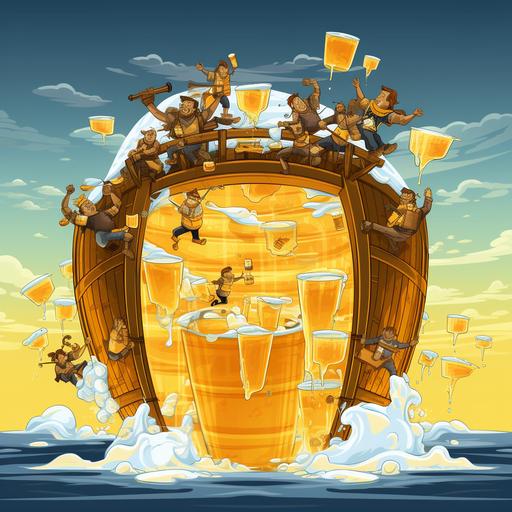 cartoon, comic, funny,beer waterfall, creating a river of beer sailing with 3 large glasses of beer floating, yellow colors in the water with a white foam border, women and men going down the waterfall in the beer barrel
