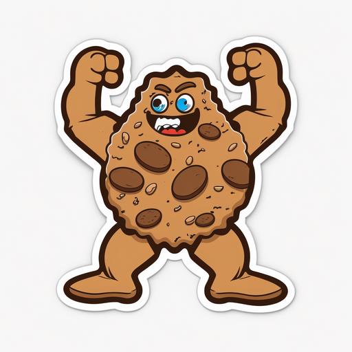 cartoon cookie with muscle arms and legs, sticker, contour, vector, white background