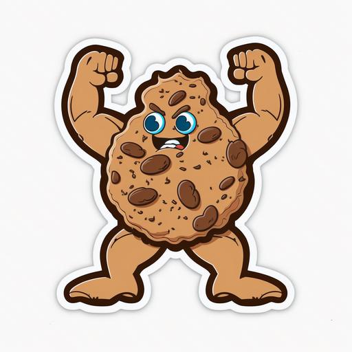cartoon cookie with muscle arms and legs, sticker, contour, vector, white background