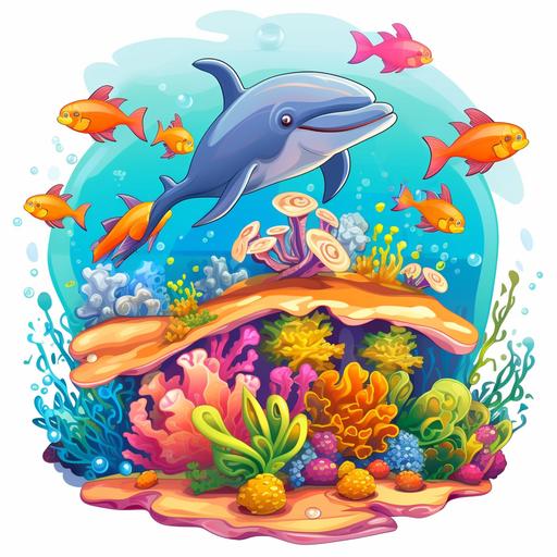 cartoon coral reef sticker, vector, dolphins, jellyfish, rays, coral reef, colorful, high resolution Message