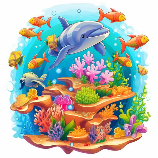 cartoon coral reef sticker, vector, dolphins, jellyfish, rays, coral reef, colorful, high resolution Message
