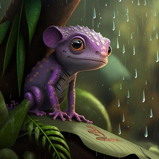 cartoon cute purple gecko in rainforest, cinematography light, raining, full details
