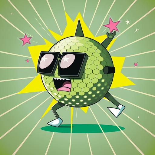 cartoon dancing disco ball, with star shaped sun glasses on, pastel colours, stars in background, light green block colour background