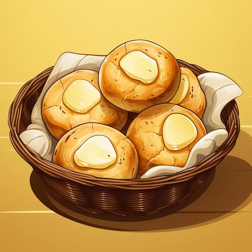 cartoon delicious bread rolls in a basket with butter melting
