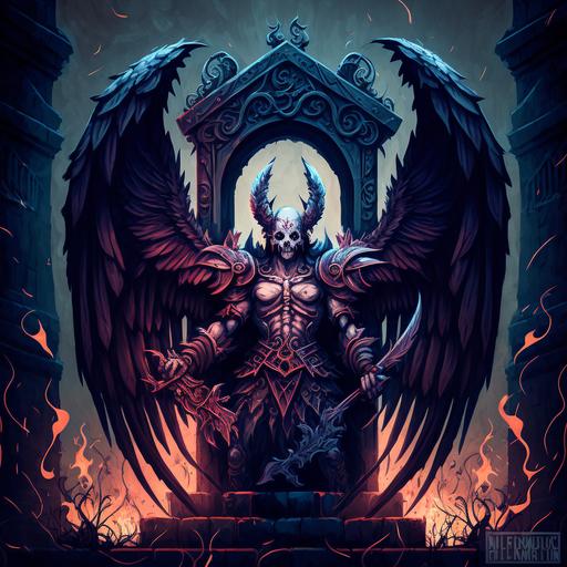 cartoon demon angel with wings dark castle background