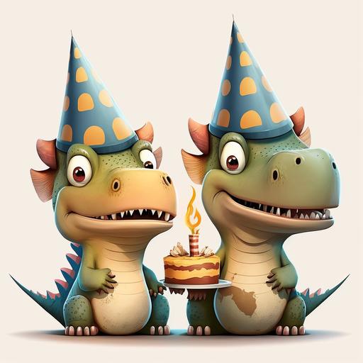 cartoon dinosaur twins with birthday party hats sitting in front of their birthday cake with two candles celebrating their second birthday