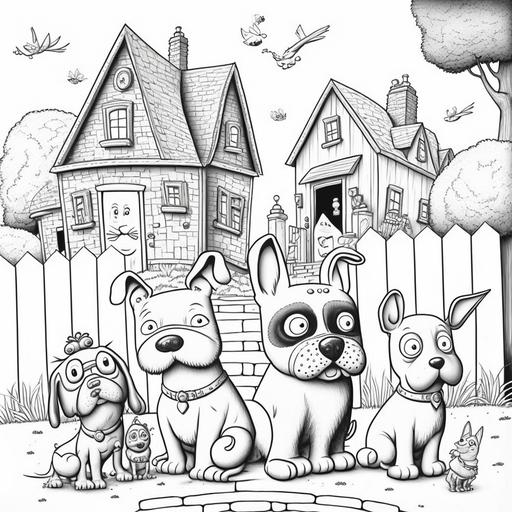 cartoon dogs, coloring page, houses