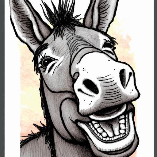 cartoon drawing of a donkey showing it's teeth close up high detail monochrome vector svg in the style of the new yorker portrait --v 4