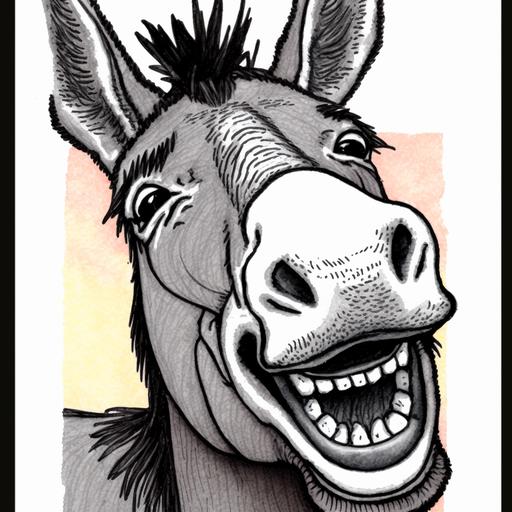 cartoon drawing of a donkey showing it's teeth close up high detail monochrome vector svg in the style of the new yorker portrait --v 4